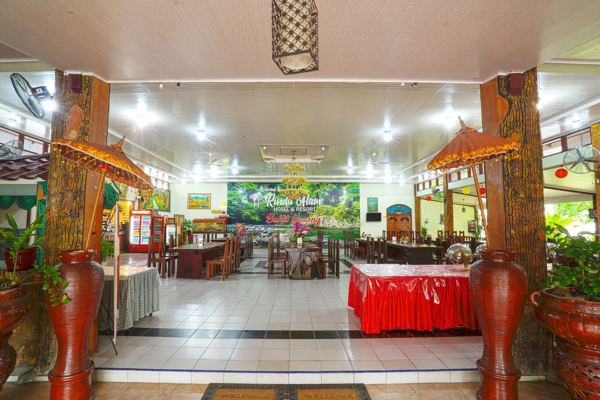 Restaurant buffet area with carved decorations