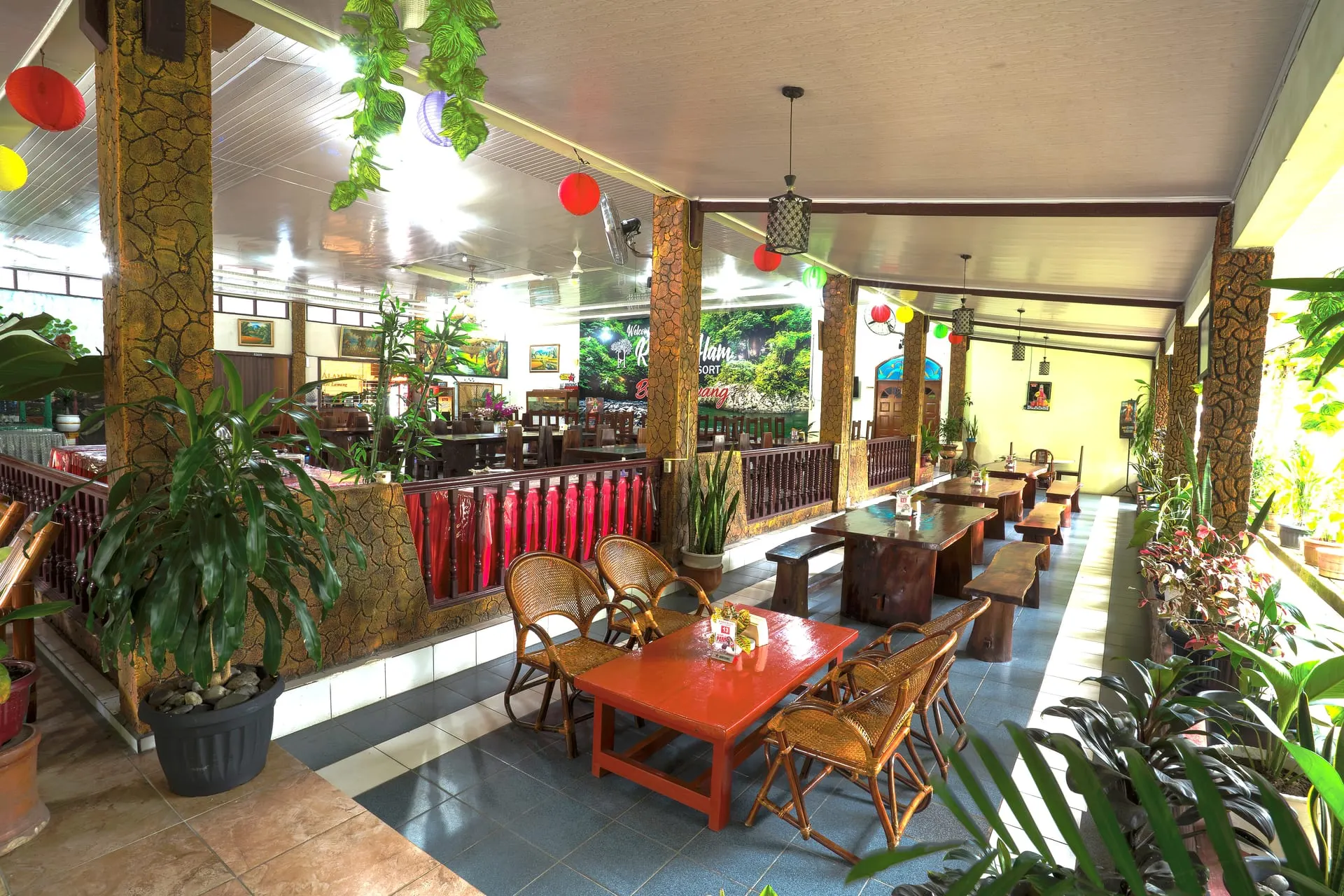 Restaurant terrace with potted plants